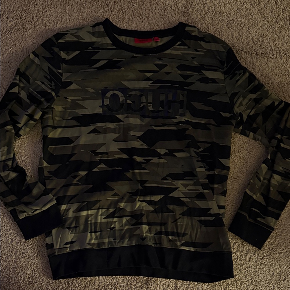 HUGO Men's Crewneck Sweater - Black and Green Camouflage